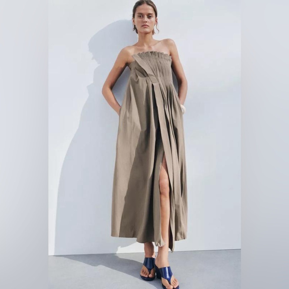 ZARA Pleated Wrinkled Strapless Maxi Dress New S